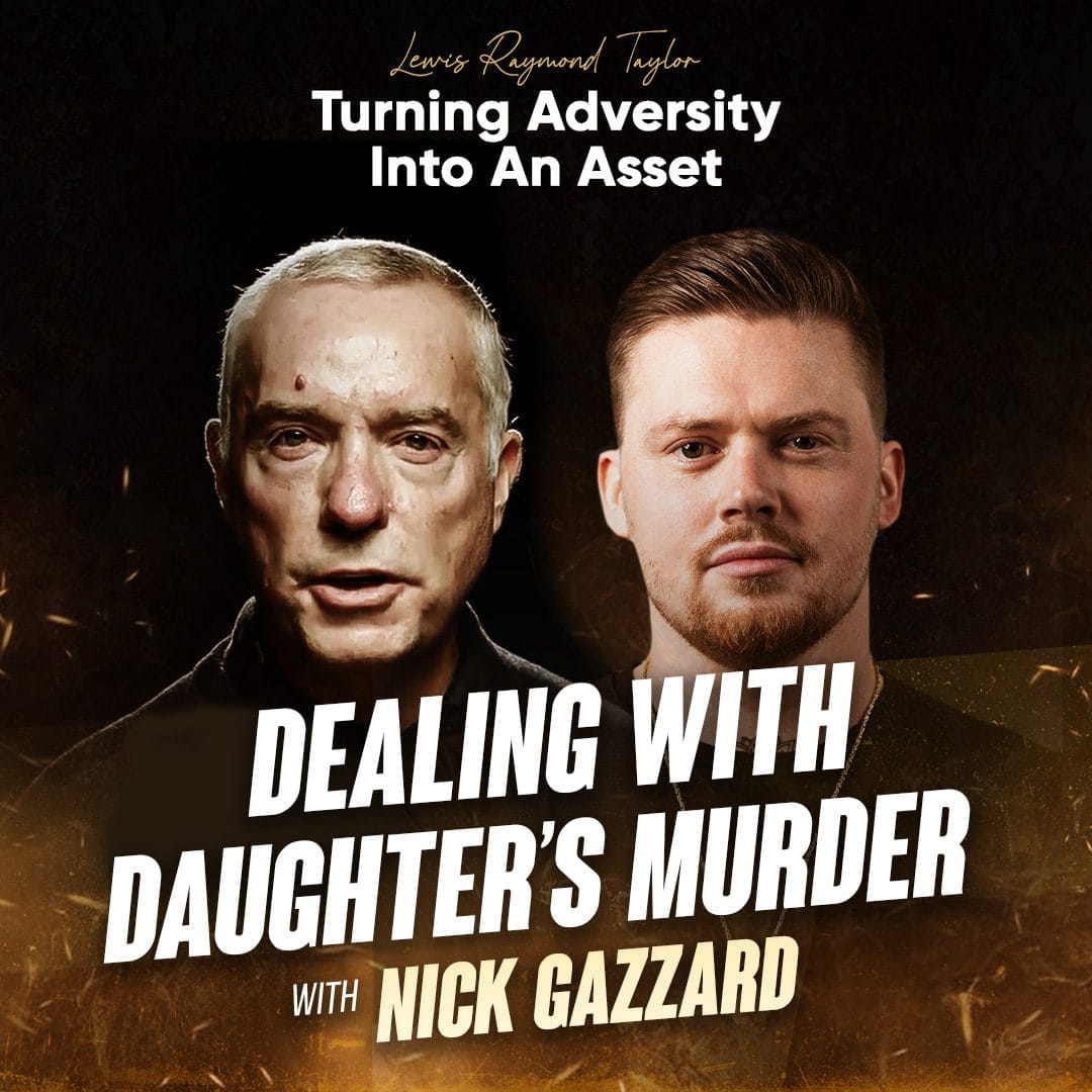 1. Elderly man with scars and a serious expression, young man with groomed hair and beard, both on dark background for podcast about dealing with daughter's murder.