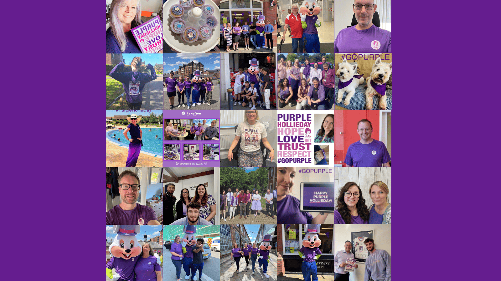 Bright purple-themed community event photos showing people wearing purple, enjoying activities, and celebrating the Purple HollieDay awareness campaign for health, hope, love, trust, and respect.