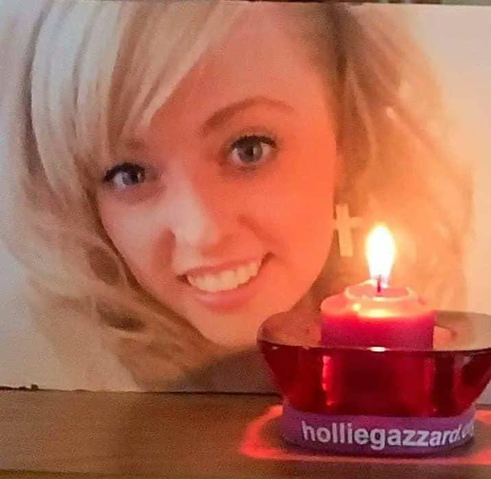 Bright smiling woman with blonde hair next to a lit candle and promotional text for Hollie Gazzard online safety awareness.